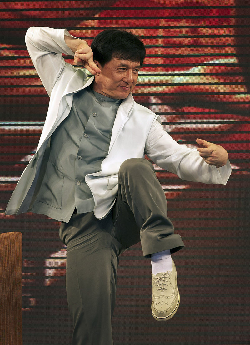 Actor Jackie Chan poses at a martial arts demonstration during a photocall  for film “Wushu” in Cannes