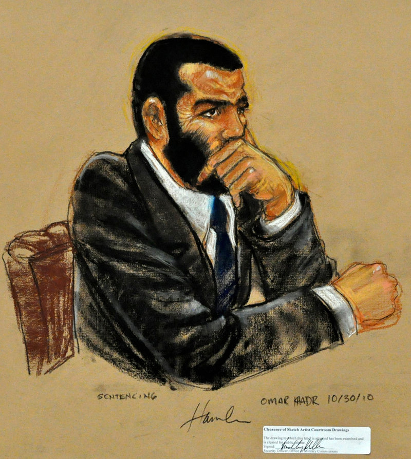 In a sketch by courtroom artist Janet Hamlin, Omar Khadr listens to closing arguments in his sentencing hearing at Guantanamo Bay Naval Base on Saturday.