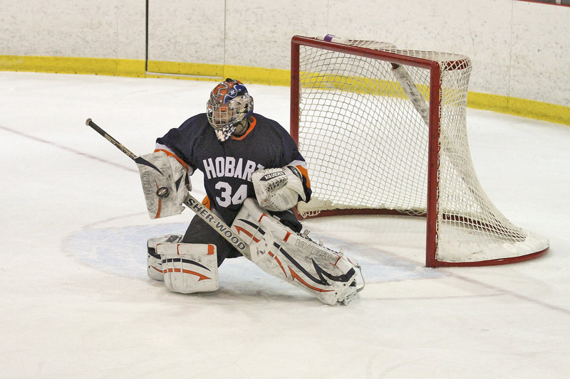 Nick Broadwater went to Deering High but honed his goaltending skills with the Junior Pirates before heading to Hobart College, where he has a 10-4-1 record.