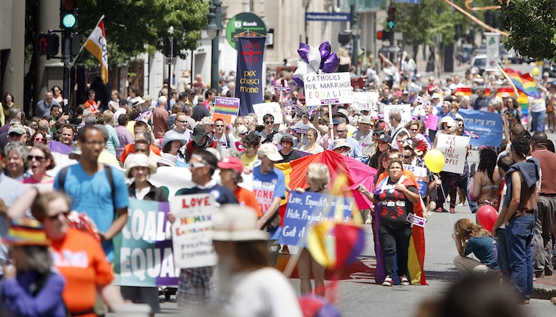 The Southern Maine Pride Parade makes its way down Congress Street in Portland on Saturday, June 16, 2012.