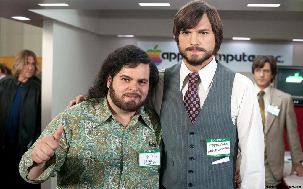 Ashton Kutcher as Steve Jobs and Josh Gad as Steve Wozniak in “Jobs.”