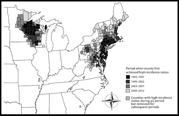 A CDC map shows counties with high incidence of Lyme disease. Lighter-shaded counties are counties that attained high-incidence status more recently, including Hancock, Washington, Franklin and Oxford counties in Maine. 