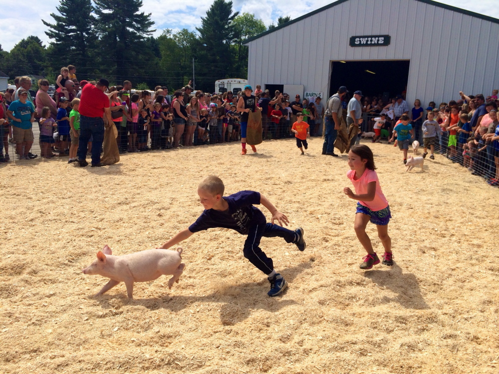 Drake Dumont, 7, of Albion, outruns Lilly Kinney, 6, of Cornville, in an effort to catch a pig Saturday at the Skowhegan State Fair pig scramble.