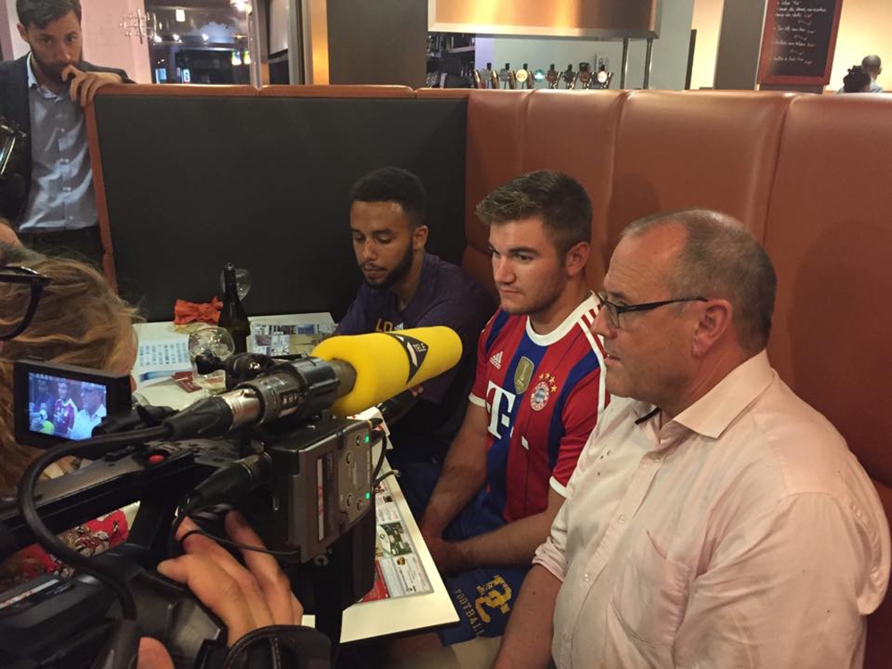 A photo taken early Saturday and obtained from the Facebook webpage of the mayor of Arras, France, Fredric Leturque, shows three of the four passengers who subdued a gunman on a train. Left to right are Anthony Sadler, a senior at Sacramento State University, Alek Skarlatos, a U.S. National Guardsman from Roseburg, Ore., and Briton Chris Norman. A fourth man, American Air Force serviceman Spencer Stone, was being treated for a hand wound suffered while tackling the gunman.