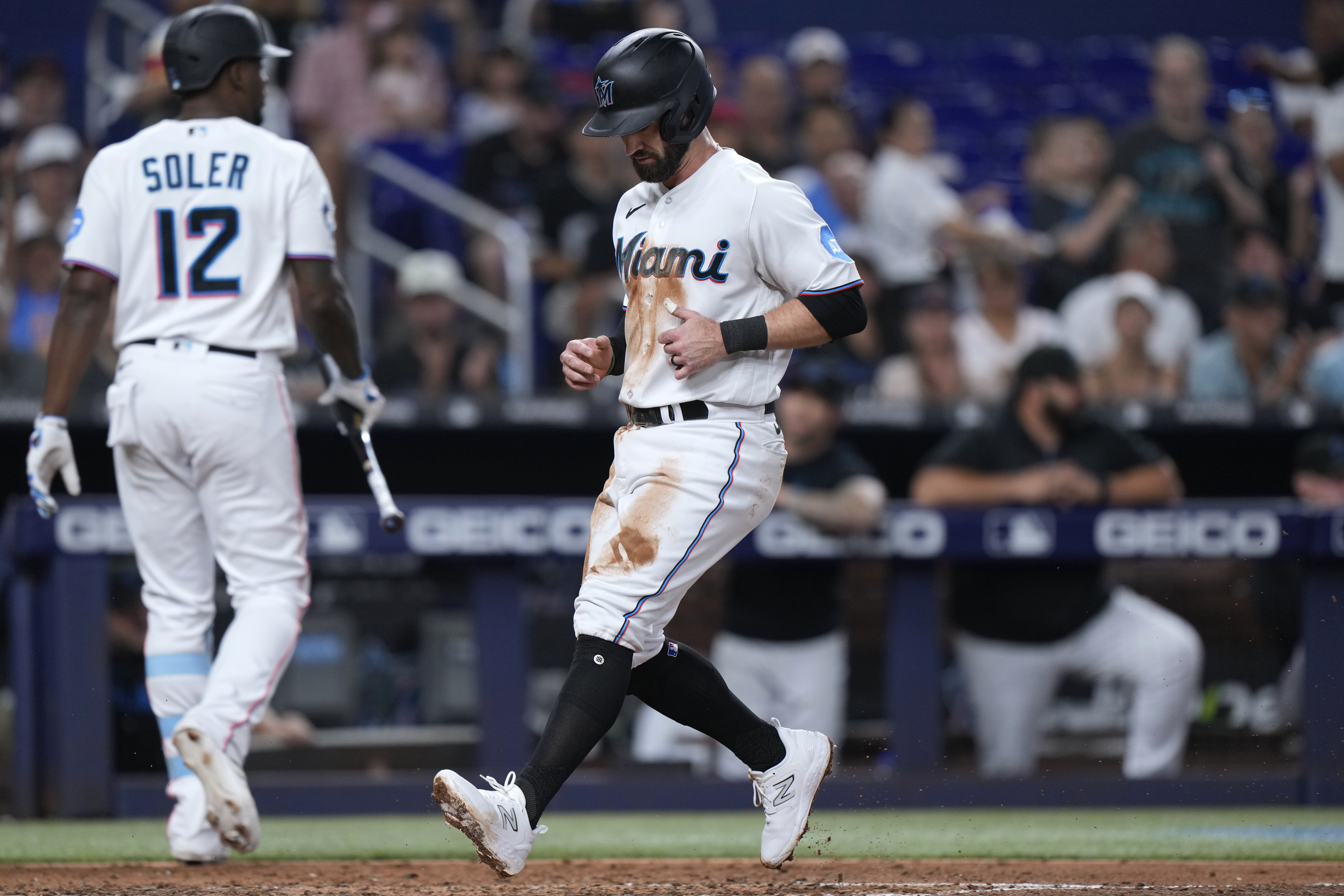 Miami Marlins' Jorge Soler bats during the third inning in the